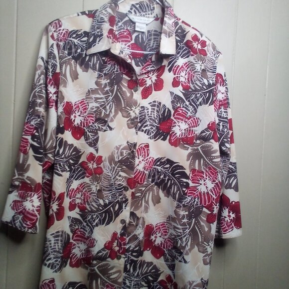Allison Daley Blouse 16 Button Up 3/4 Sleeve Textured Floral Brown Red - Picture 13 of 13
